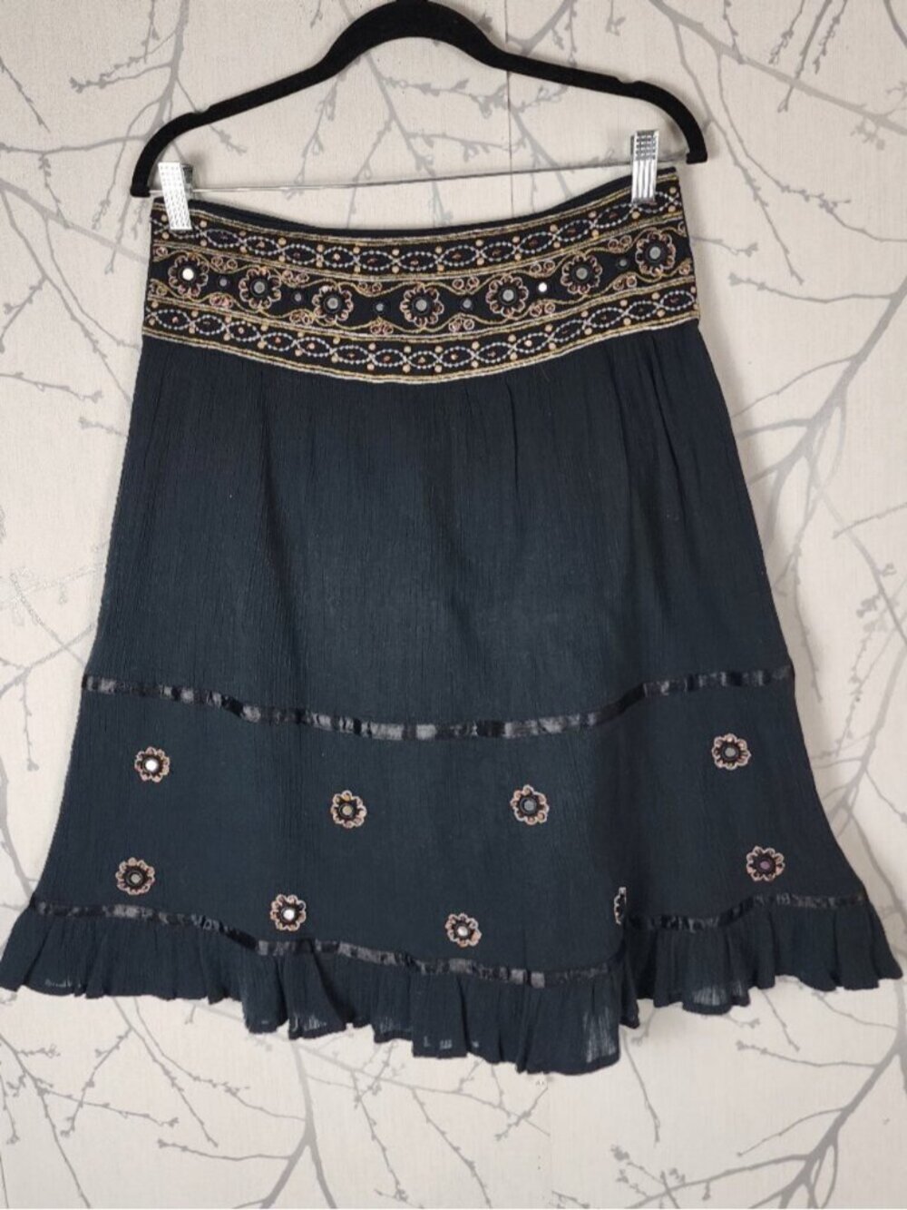 Savan Crinkle Cotton Beaded Embroidered Bohemian Flowy Skirt